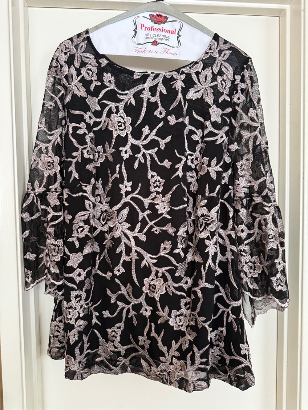 Alex Evenings Black Top with Blush Floral Lace Overlay and Sheer Sleeves